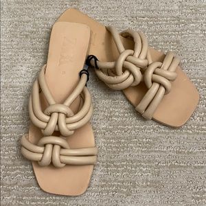 Zara Beige Tubular Leather Flat in size 37